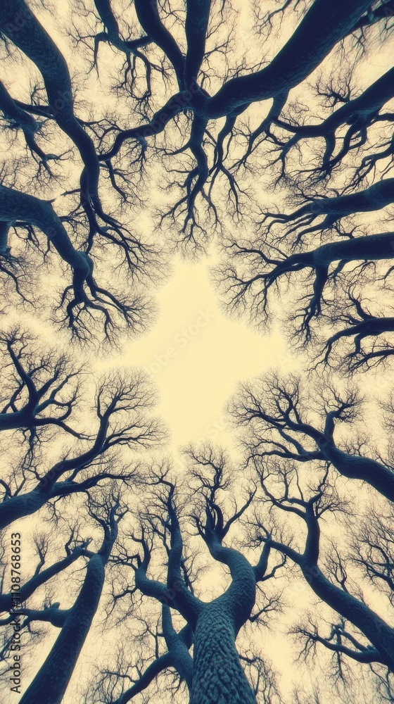 Poster a mesmerizing view of leafless trees creating a star-like pattern against a pale sky.