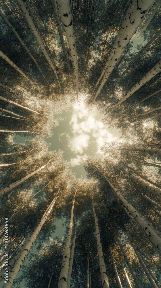 Poster a serene view of tall trees reaching towards a cloudy sky, creating a peaceful and reflective atmosp