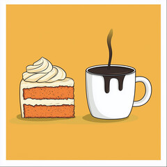 An illustration of a cake and a cup of coffee and hot chocolate 