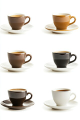 Obraz premium Set of coffee cups with saucers on a white background