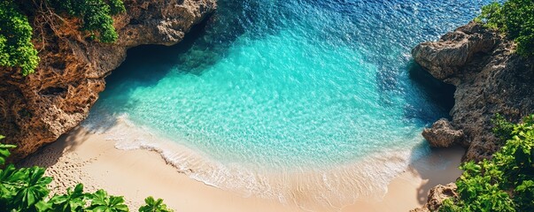 A serene beach scene featuring crystal clear turquoise waters, soft sandy shores, and rocky cliffs, perfect for relaxation and exploration.