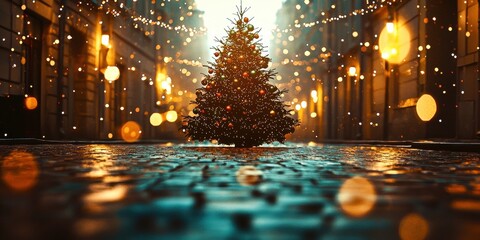 Obraz premium Christmas tree is in the middle of a city street