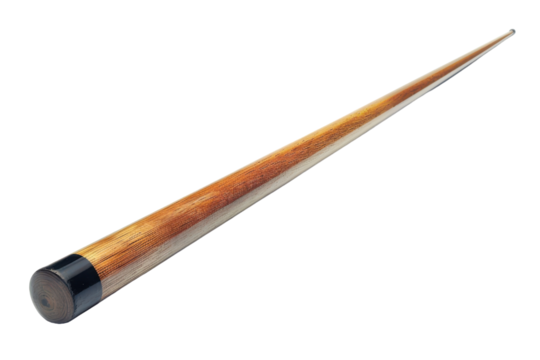 Elegant wooden cue stick resting on a surface in a well-lit billiard room with green felt tables