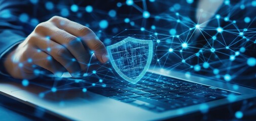 A hand hovers over a laptop keyboard, with a digital shield symbolizing cybersecurity amidst a network of glowing connections.