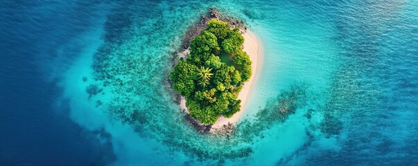 Aerial view of a tropical island surrounded by vibrant blue water, featuring lush greenery and sandy beaches.
