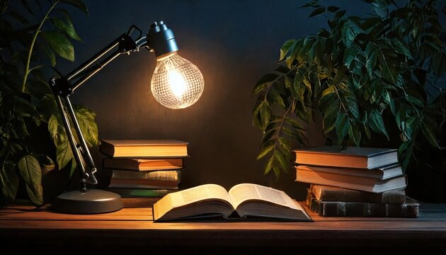  Books under lamp with leafy background, peaceful reading corner, illuminated pages, indoor 
