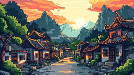 Fototapeta premium A traditional village with pagoda-style roofs, set against a backdrop of mountains and a setting sun, creating a serene and picturesque scene