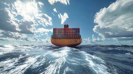 A large container ship navigates through turbulent ocean waves under a vibrant blue sky filled with dramatic clouds