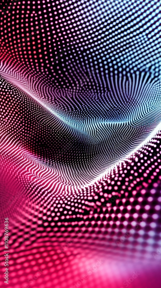 Poster a mesmerizing abstract wave of colorful dots in shades of blue and pink creating a dynamic digital l