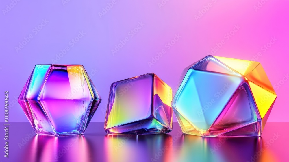 Poster iridescent geometric glass objects on purple background
