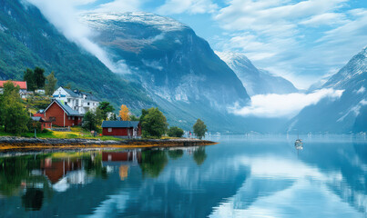 Fototapeta premium Serene fjord village reflecting in calm water misty mountains. Peaceful landscape