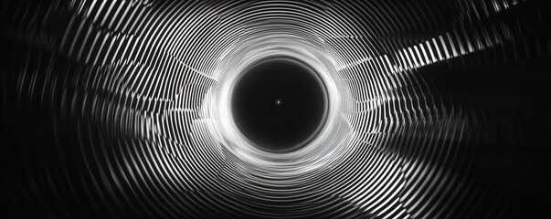 A mesmerizing black and white image showcasing concentric patterns leading to a central dark circle, evoking depth and intrigue.