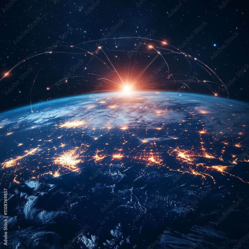 Fototapete Global World Wide Web internet. Technologies and communications. Launch of the launch vehicle from the spaceport. Satellites and rockets in orbit of planet Earth. Map of the planet. World map. Vector.