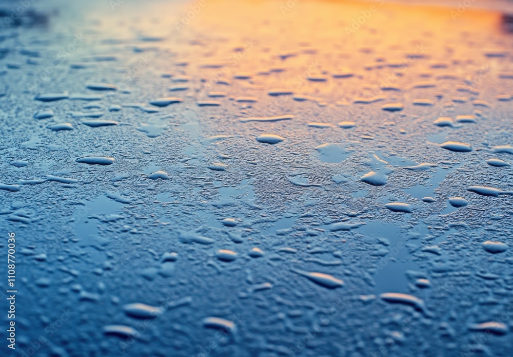 Poster close-up of colorful water droplets on a smooth surface reflecting light during sunset in soft color