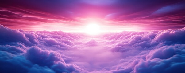 A breathtaking view of colorful clouds bathed in pink and purple hues, illuminated by a radiant sun, creating a serene and dreamlike atmosphere.