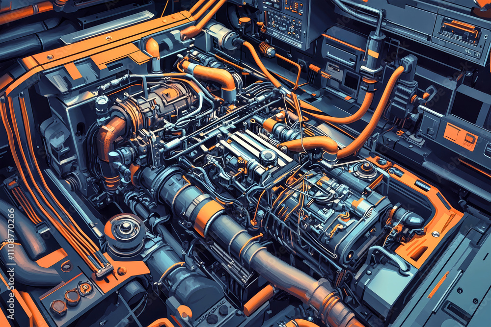 Poster intricate engineering design with hyperrealistic engine pipes and wires in dark orange and gray tone