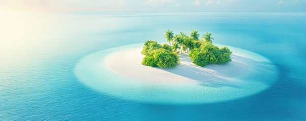 A serene tropical island with lush greenery surrounded by clear blue water and gentle waves under a bright sky.