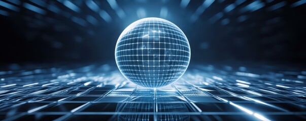 A futuristic digital sphere is surrounded by glowing lines, conveying a sense of advanced technology and virtual data interconnectedness.