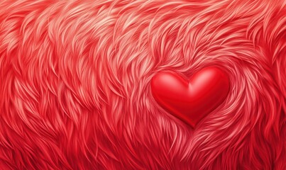 A vibrant red furry background features a shiny heart, symbolizing love and warmth.