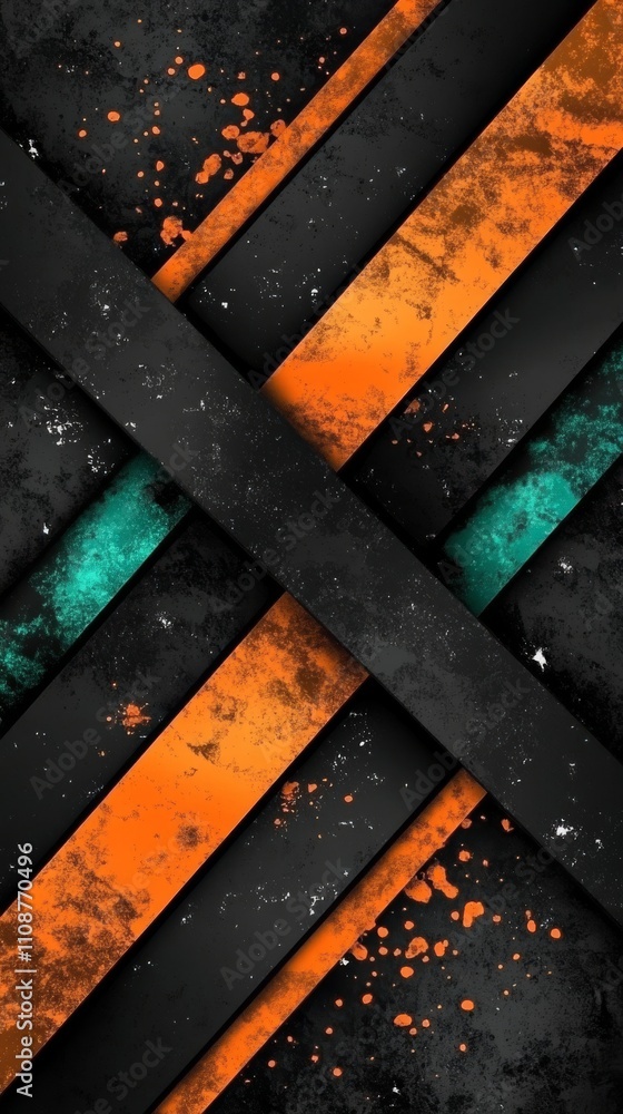 Poster abstract design featuring intersecting geometric shapes in orange, teal, and black tones, creating a