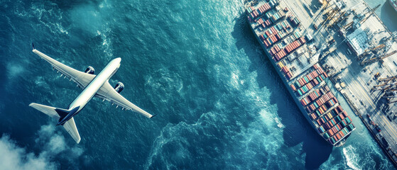 Obraz premium Cargo plane gliding above vibrant sea transport mural showcasing global logistics and digital technology from a dynamic perspective