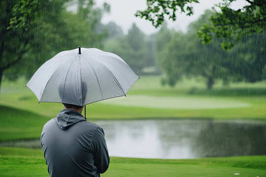 Golfer playing in rainy weather with an umbrella