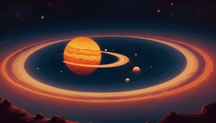 Naklejka premium Una colorida ilustración que representa un planeta gigante gaseoso con anillos rodeados de planetas o lunas más pequeños en un cielo nocturno estrellado