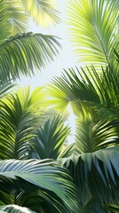 Fototapeta premium Lush green palm fronds create a vibrant canopy, filtering sunlight for a serene and tropical atmosphere.