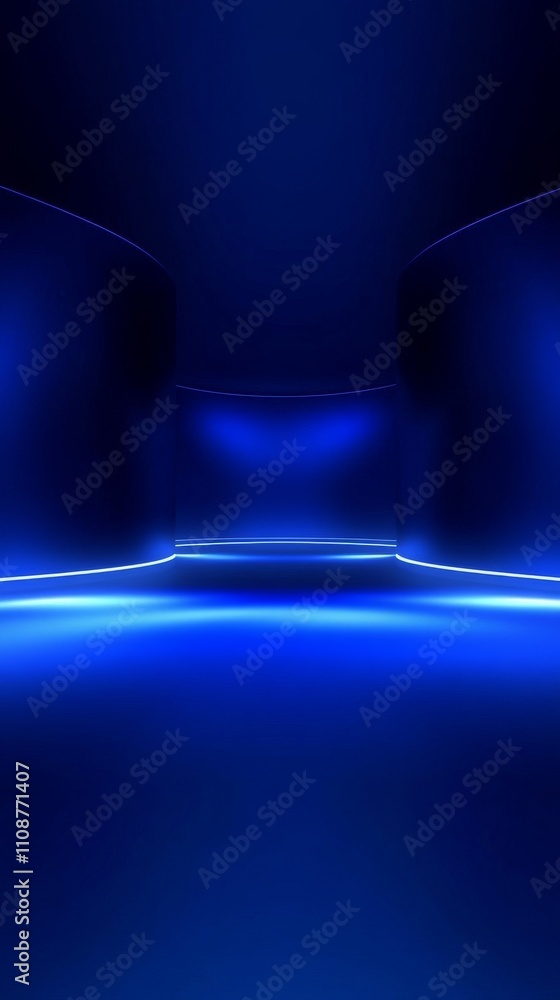 Poster abstract blue neon background with smooth curves and glowing lines, creating a tranquil and futurist