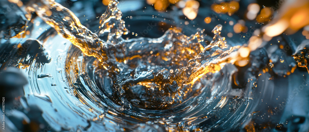 Poster close-up view of gleaming gears splashed with oil against a backdrop of flowing engine fluid showcas