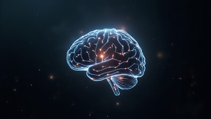 Artistic rendering of a neural network as a floating digital brain outlined with illuminated circuits