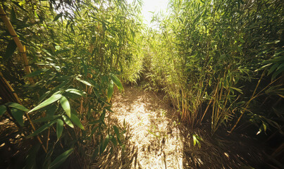 Serene sunlight filters through dense bamboo forest, creating peaceful atmosphere