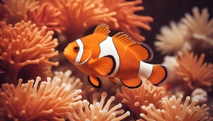 Un primer plano de un vibrante pez payaso naranja y blanco nadando en un acuario con un fondo borroso