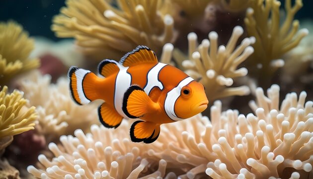 Un primer plano de un vibrante pez payaso naranja y blanco nadando en un acuario con un fondo borroso