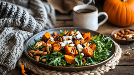 A Warm and Cozy Dining Scene Reflecting Comfort with Roasted Pumpkin and Cocoa in a Rustic Setting