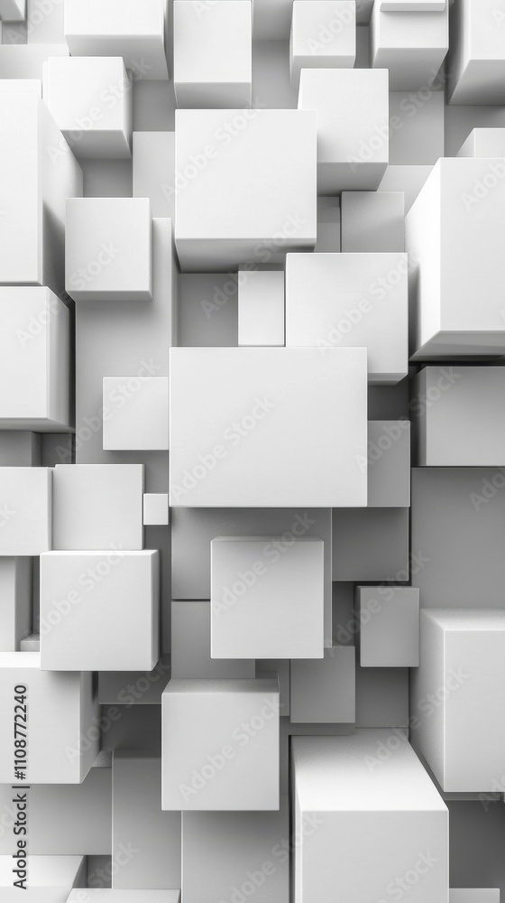 Poster an abstract composition of white 3d cubes with varying sizes and dimensions, creating depth and text