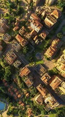 Aerial view of a modern urban neighborhood featuring diverse architecture and lush greenery.