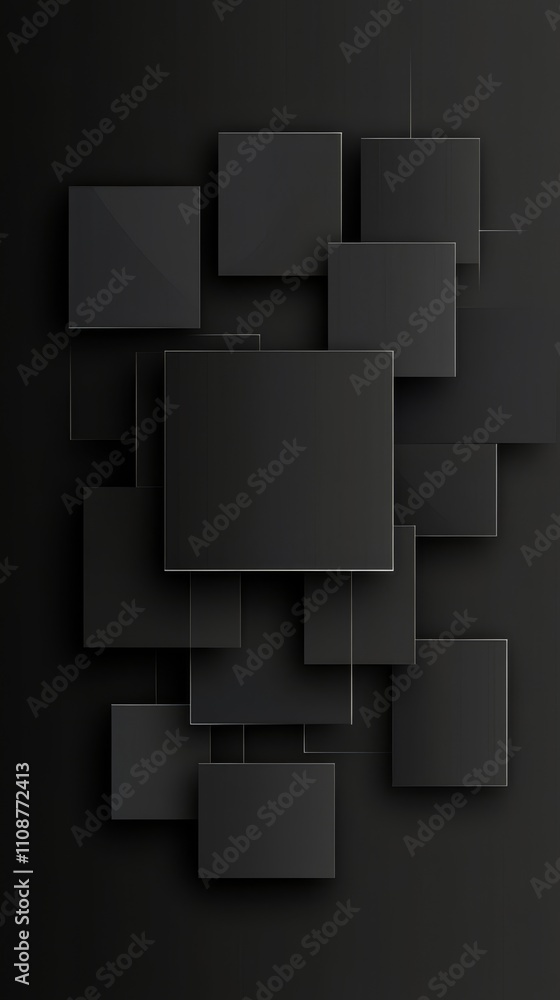 Poster abstract composition of layered black squares and rectangles, creating a modern and sleek design.