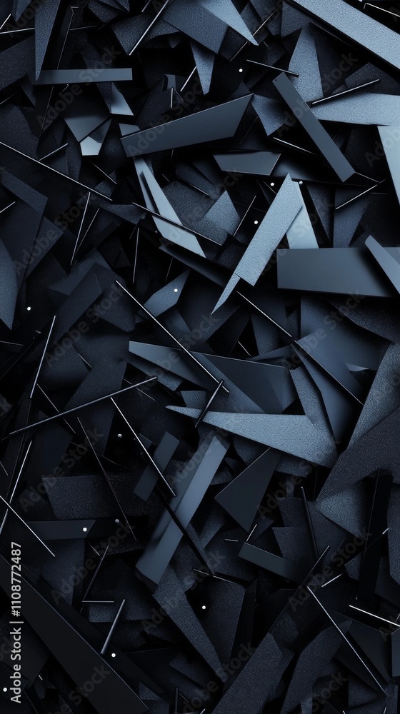 Poster an abstract composition of dark geometric shapes, creating a dynamic and modern visual aesthetic.