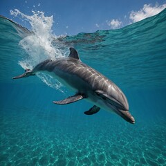 Fototapeta premium Detail a dolphin leaping out of turquoise waters under a bright sky.