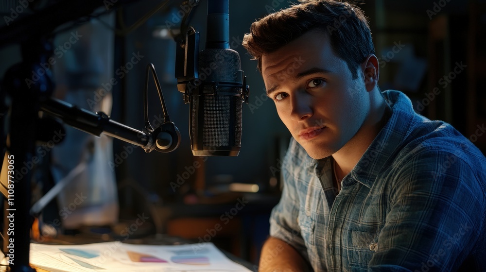 Poster a voice actor checks the frequency response of their microphone to ensure it accurately captures the