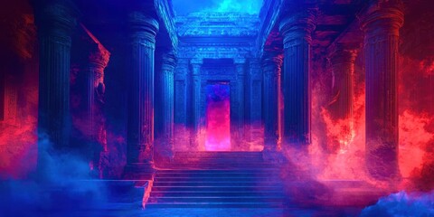 Blue and red room with pillars and a doorway