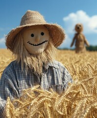 Farmer Inspecting Wheat Field with Scarecrow