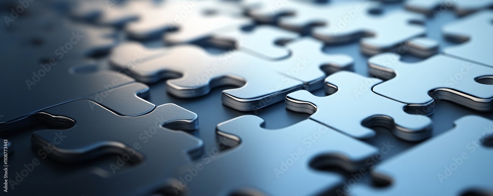 Poster metallic puzzle pieces connecting, creating a complete structure