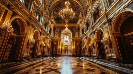 Fototapeta premium Luxury hotel in a historical palace, grand halls, rich tapestries, chandeliers, opulent decor,