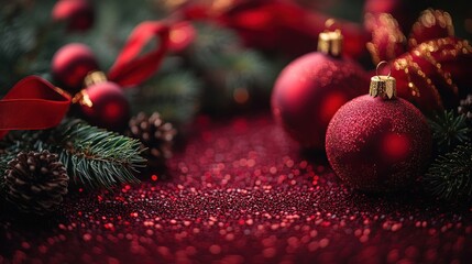 Festive red Christmas ornaments, pine branches, and glitter on a red background.