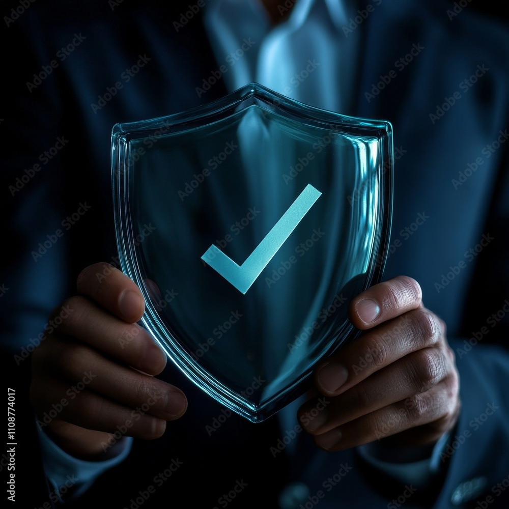 Fototapete businessman hold low poly polygon shield with a tick icon.secure access system concept.business fina
