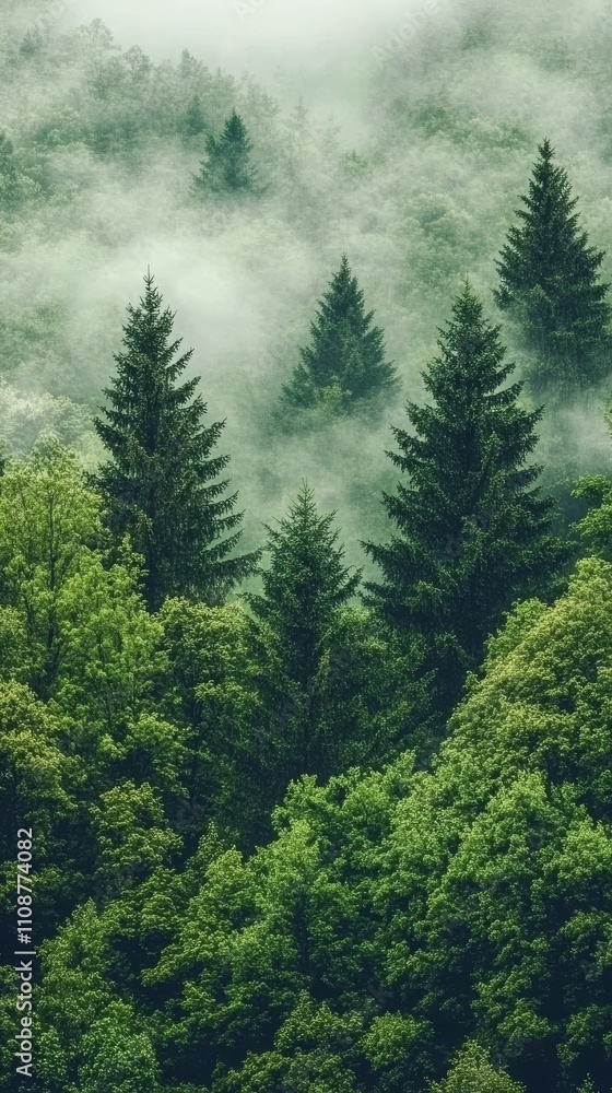 Poster lush green coniferous forest enveloped in mist, creating a serene and mysterious atmosphere.
