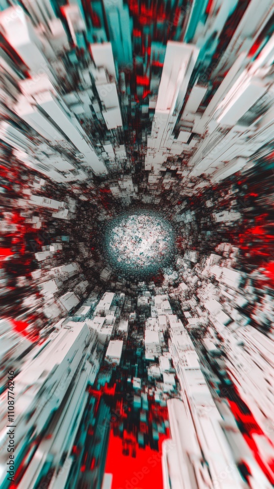 Poster a mesmerizing abstract representation of a vibrant vortex, with dynamic buildings emerging from a ce