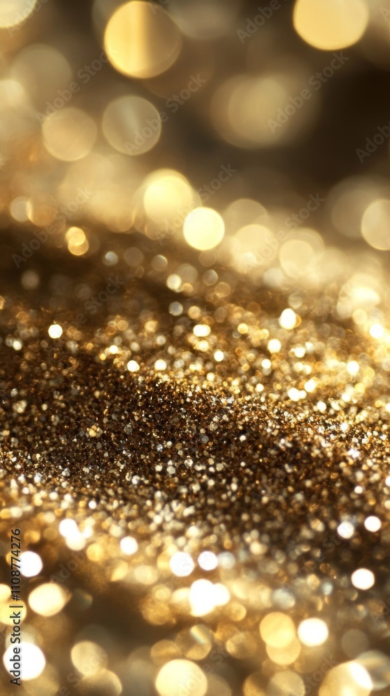 Poster golden glitter with a blurred bokeh effect, creating a luxurious and festive atmosphere.